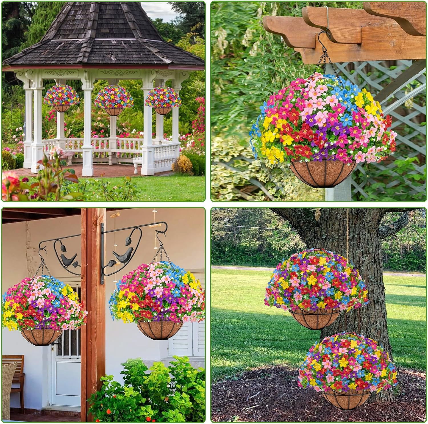Artificial Hanging Plants Flowers with Basket for Spring Summer Outdoor Decoration, Fake Flowers UV Resistant with Hanging Planter for Front Porch Patio Garden Yard Home Decor, Multicolor