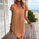 thumbnail image 2 of Vestido de Verano de Manga Corta para Mujeres Mini Vestido Casual de Cuello en V Sólido, Mini Vestido de Manga Corta para Fiestas de Primavera, 2 of 7