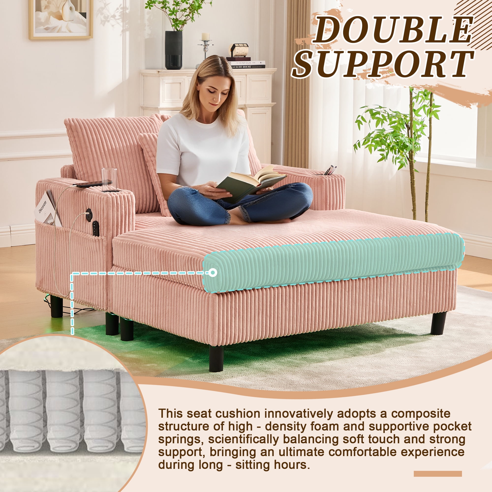 MOONMISS Corduroy Upholstered Oversized RGB LED Light Recliner Sofa Bed with Cup Holder,USB&3 Pillows-Pink