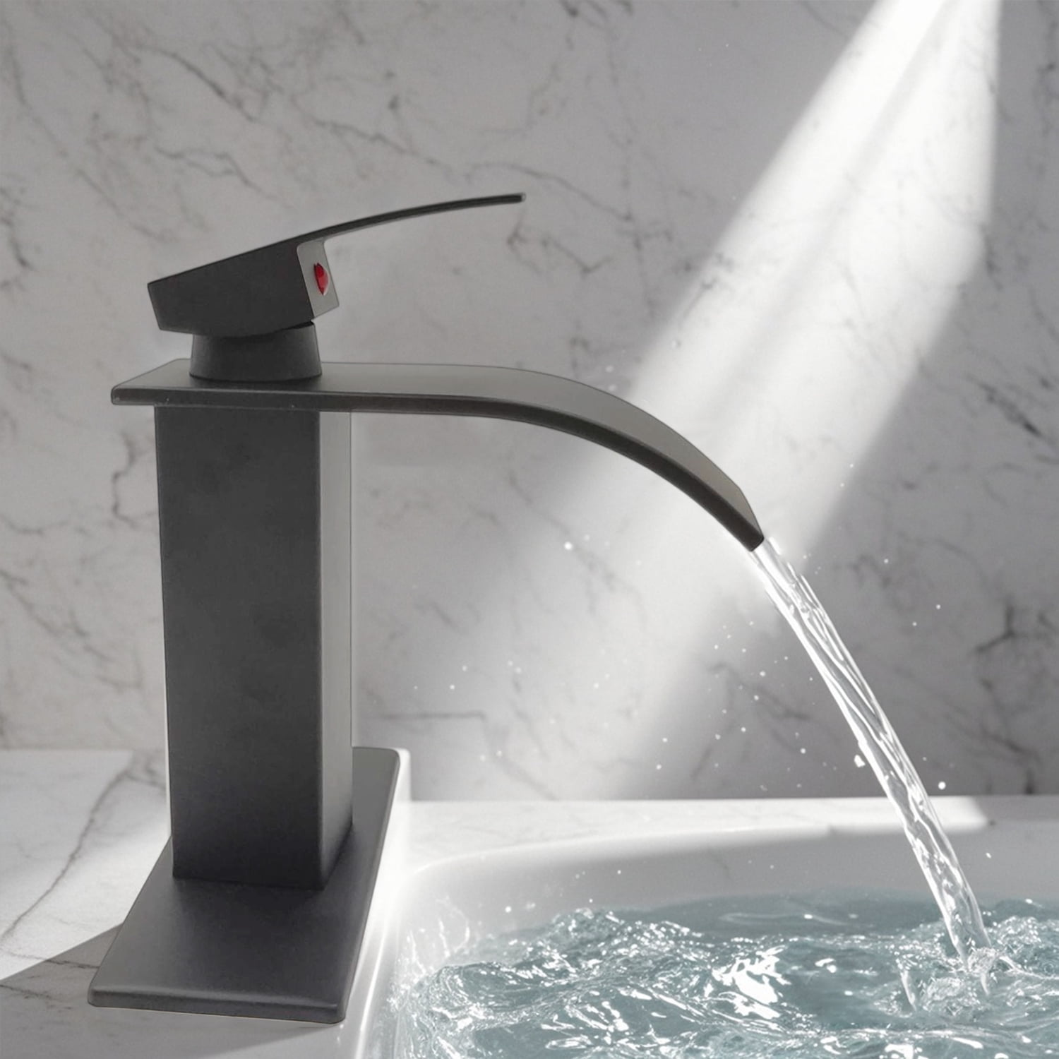 Bathroom Sink Faucet Waterfall Spout Hold & Cold Mixer Tap Single Handle Modern Lavatory Vanity Sink Faucet with Hose Deck Plate for 1 or 3 Holes, Matte Black