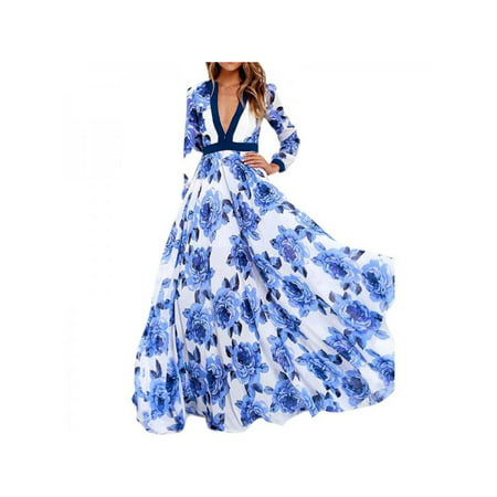 Topumt Women's Maxi Long Dress Plus Size V Neck Long Sleeve Floral Pattern Aline