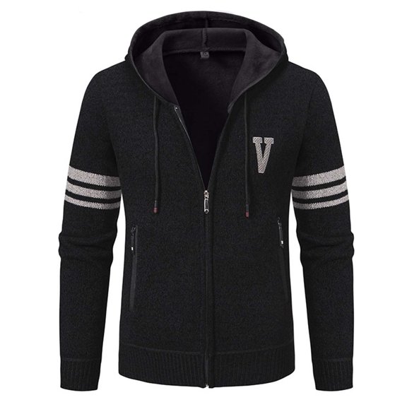 WTOBBY Men's Solid Color Knit Cardigan Jacket, Plush Fleece Lined Hooded Sweater, Warm Thickened Casual Zip Up Outerwear for Fall Winter Seasons,Black L