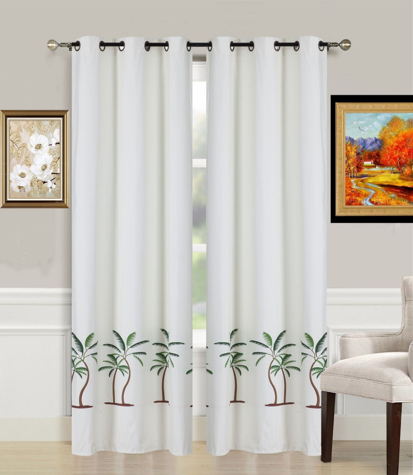 2Piece Palm Tree Printed Lined Blackout Grommet Window Curtain