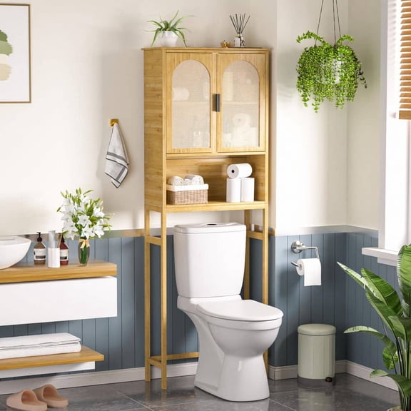 24.4 in. W x 66.9 in. H x 9.5 in. D Yellow Bamboo Over the Toilet Storage Bathroom Rectangular Shelf with Rattan Doors
