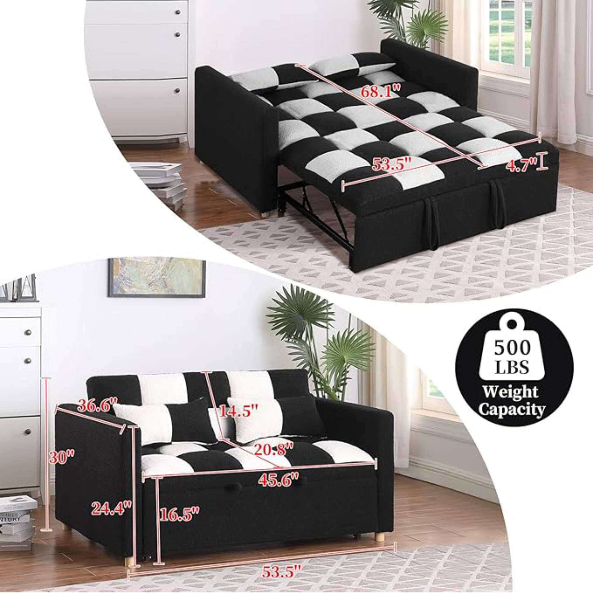 3 in 1 Convertible Pull Out Sofa Bed, Teddy Sleeper Sofa Couch with Adjustable Backrest, Loveseat with Pull Out Bed for Living Room, Black