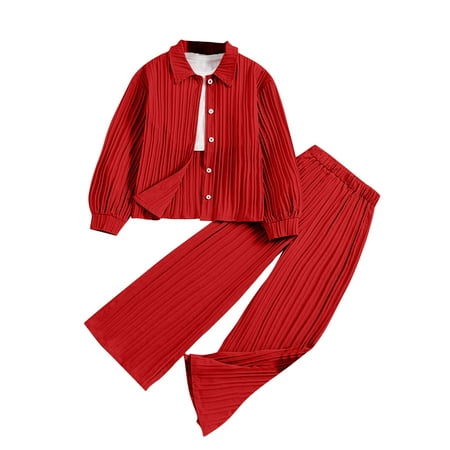 

Hngshg Big Girls 2 Piece Casual Suit Pleated Collared Button down Shirts Kids Wide Leg Long Pants Outfits