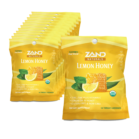 Zand Immunity Organic Lemon Honey HerbaLozenge | Immune Support Throat Drops w/ Vitamin C & Zinc (12 Bags, 18 Lozenges)