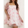 thumbnail image 5 of KelaJuan Women Short Sleeve Mini Dress Summer Casual Lip Print Square Neck Tulle A-Line Party Dress Beach Streetwear, 5 of 6