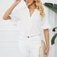 thumbnail image 3 of Camiseta con cuello en V para mujer, mangas con volantes, ajuste holgado, color puro, informal, Top de verano para uso diario, blanco XXL, 3 of 6