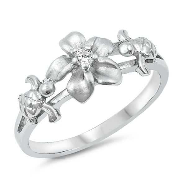 Clear CZ Turtle Hawaiian Tropical Flower Ring Sterling Silver Band White 925 Female Size 8