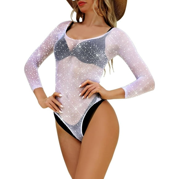 KELF Women's Black Fishnet Bodysuit Sparkle Rhinestone Top Lingerie Thong Bodysuit White Large-X-Large
