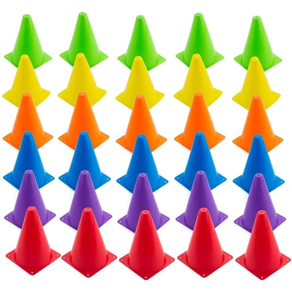 30 Pack 7 Inch Plastic Traffic Cones, Assorted Colors for Sports Training, Agility Drills, Soccer, Football, Indoor Outdoor Games, Party Activities & Obstacle Courses