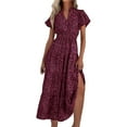 thumbnail image 2 of Women's 2024 Summer Casual Flutter Puff Sleeve Boho Floral Maxi Dress V Neck Smocked Tiered Long Dresses, 2 of 9
