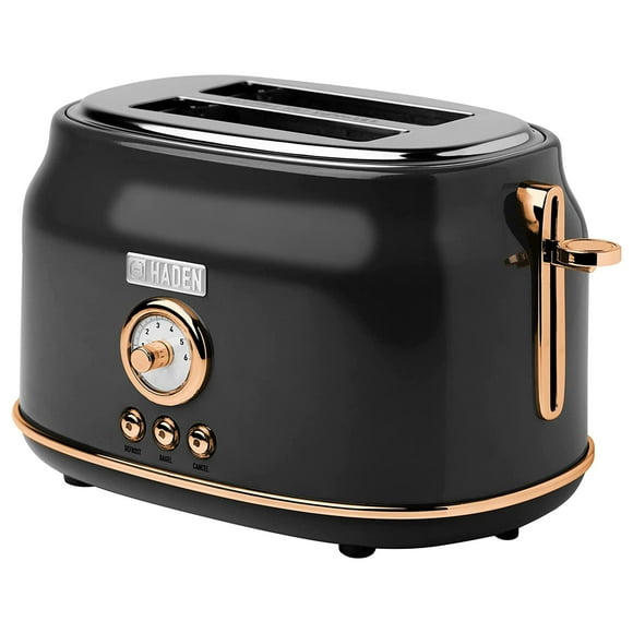 Haden Dorset Tostadora de acero inoxidable con ranura ancha para 2 rebanadas, control de dorado ajustable y patas antideslizantes, negro y cobre