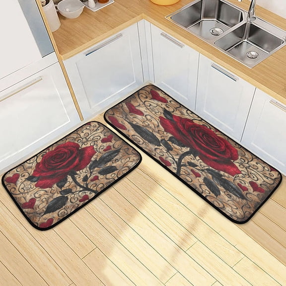 Kitchen Rugs and Mats【2 PCS】Non Skid Red Rose Pattern Creative Kitchen Mat