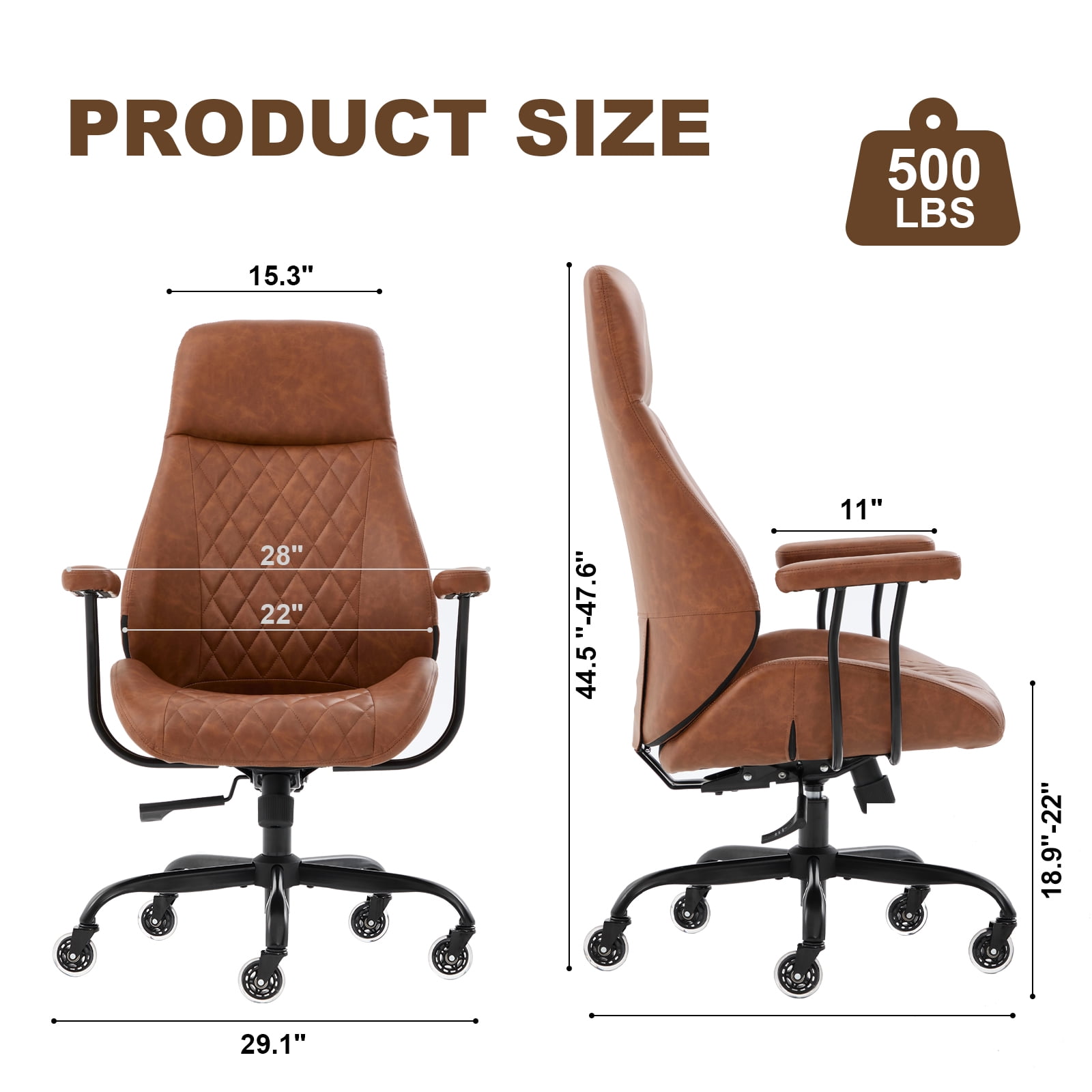 E-Motie Home Office Desk Chair, Ergonomic High Back Leather Computer Chair with Lumbar Support, Adjustable Height & Recline, Swivel Executive Office Chair with Armrests and Rubber Casters, Brown