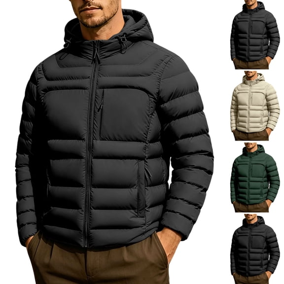 Mens Quilted Jackets Winter Plus Size Windproof Hooded Long Sleeve Solid Color Full Zipper Casual Daily Warm Comfortable Padded Jacket for Outdoor Sports
