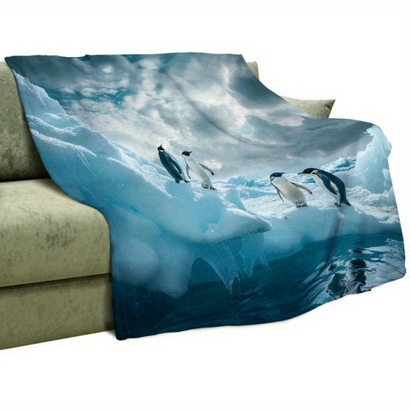 Cute Penguin Print Throw Blanket - Ultra-Soft 280GSM Flannel All-Season Cozy Blanket for Couch, Bed, Sofa, Camping & Office - Playful Bathtub Animal Design, Contemporary Style, Perfect Gift