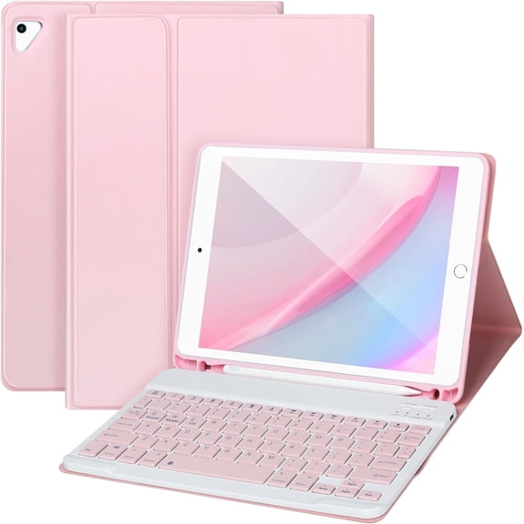 for iPad 6/5th neration Case with Keyboard 2018/2017,Detachable Bluetooth case Air 2/1,iPad 9.7 inch Pencil Holder,Square Keycaps,Pink