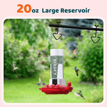BIRDFY - Smart Hummingbird Feeder, w/Dual HD Cameras, Solar Power, and AI Enabled Bird Recognition - Red and White