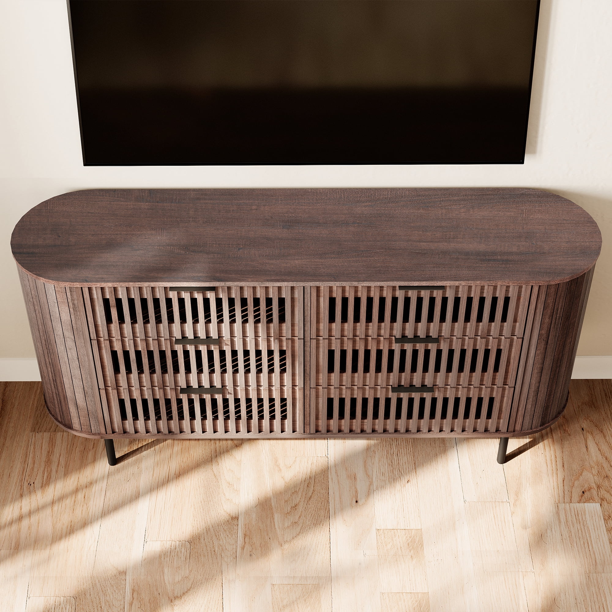 WAMPAT Fluted Dresser TV Stand for 70 Inch TV, Mid Century Modern Entertainment Center with 6 Drawers, Walnut