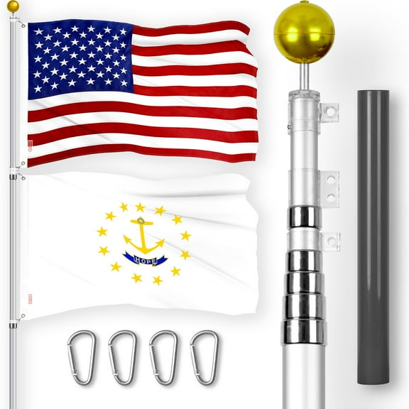 G128 Combo Pack: 20 Ft Telescoping Aluminum Flagpole (Silver) & American and Rhode Island No Golden Border Flags 3x5 Ft, Both ToughWeave Series Embroidered Polyester | Pole with Flags Included