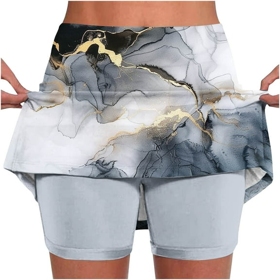 Lcziwo Women Skirts Knee Length Boho Marble Print High Waist Skorts Casual Summer Fitted Tennis Golf Skirts with Pockets Multicolor,XL
