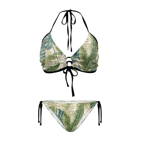 Chririnla Women's Vintage Tropical Leaf Halter Bikini Set - Two Piece Triangle Swimsuit with Tie Side Bottoms | Sexy, Quick Dry Swimwear for Beach Vacation & Pool Party