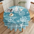 thumbnail image 3 of Ocean Round Tablecloth 60 inches Summer Beach Sea Star Coral Shell Teal Texture Waterproof Oil-Proof Table Cloth Round Table Cover for Holiday Party Picnic Dinner Decor Indoor and Outdoor Use, 3 of 9