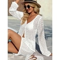 thumbnail image 5 of Womens Crochet 2 Piece Cover Up V Neck Bell Sleeve Button Cardigan Sheer Mesh Beach Mini Skirt Coverup Set, 5 of 5