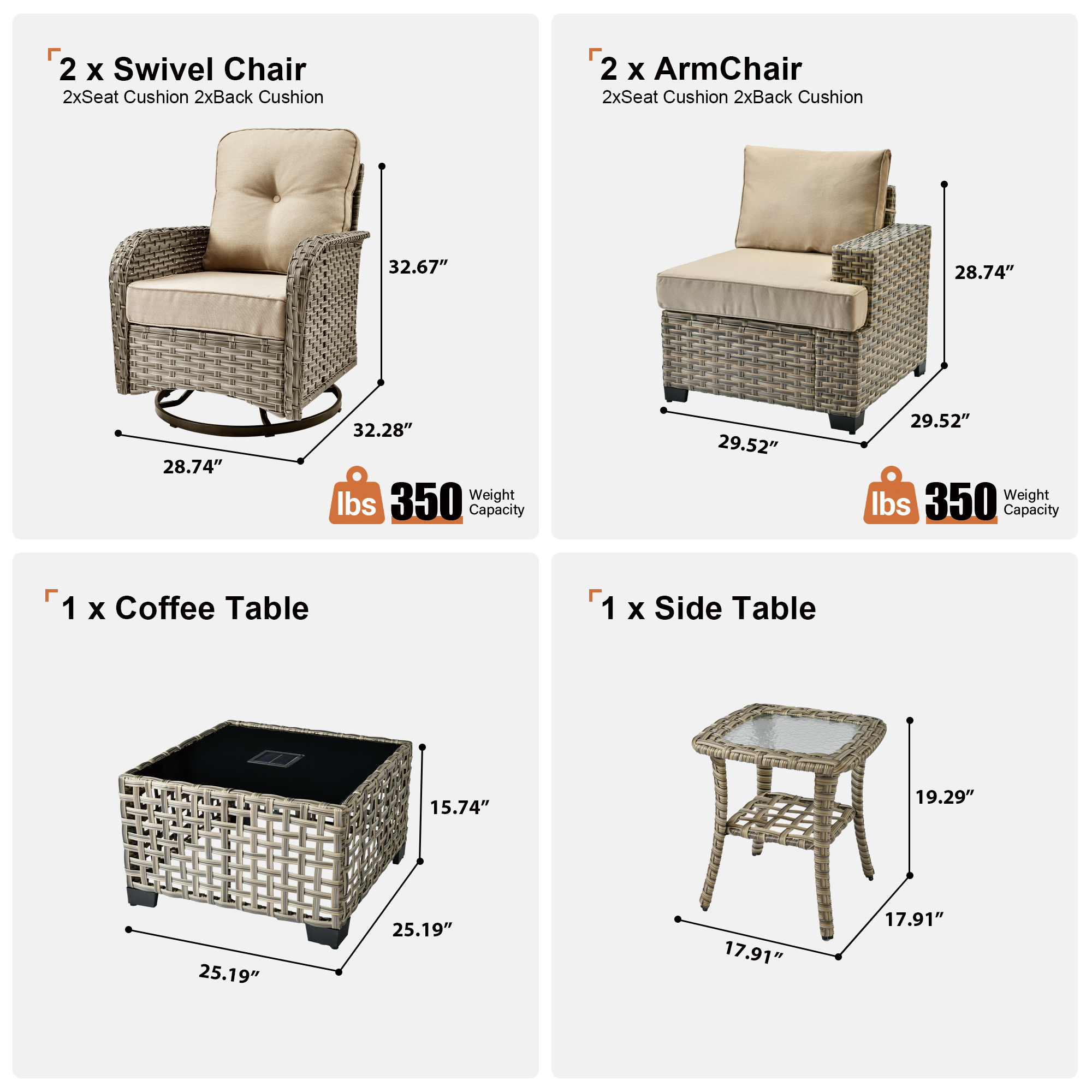 Toject 6 Pieces Patio Furniture Set, All Weather Wicker Patio Conversation Set with Swivel Chairs, Outdoor Furniture for Garden, Beige