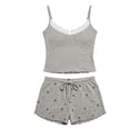 thumbnail image 4 of MEZZALL Women 2 Piece Sleepwear Set Lace Spaghetti Strap Ribbed Camis Tops Drawstring Scalloped Shorts Bowknot Print Pajama Set for Daily Home Relaxation Stylish Pjs, 4 of 4