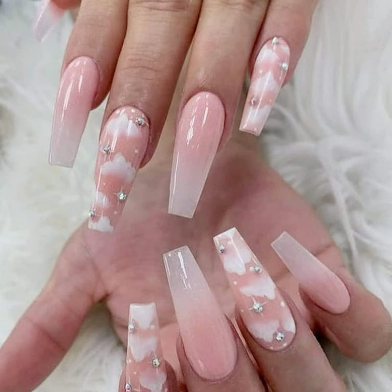 Long Press on Nails, Coffin Fake Nails, Glossy Rhinestone False Nails with  Designs, Pink Cloud Glue on Nails for Women and Girls 24 Pcs 