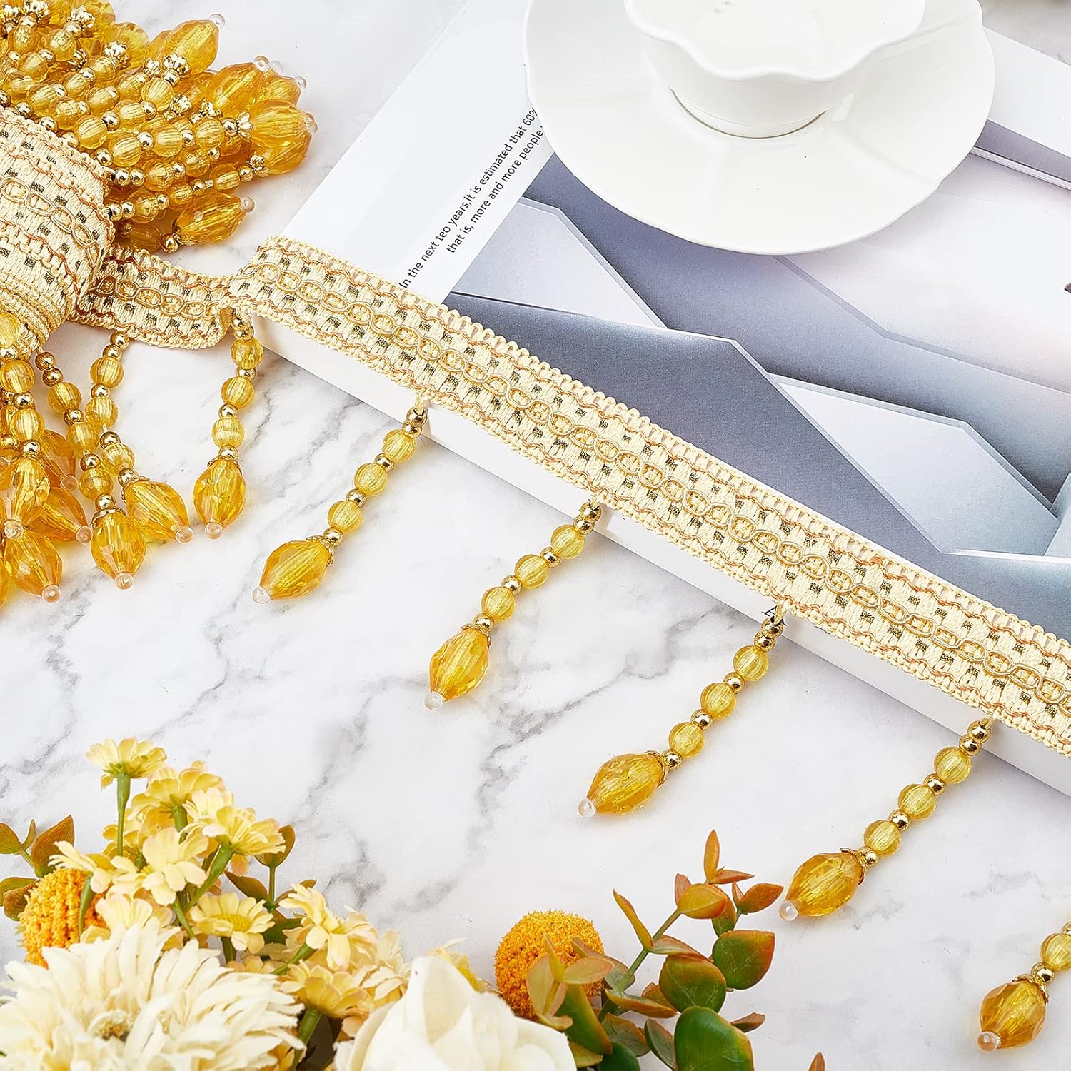 6m Hanging Beads Tassel Trim Fringe Fabric Ribbon Trimming Trim (Gold)