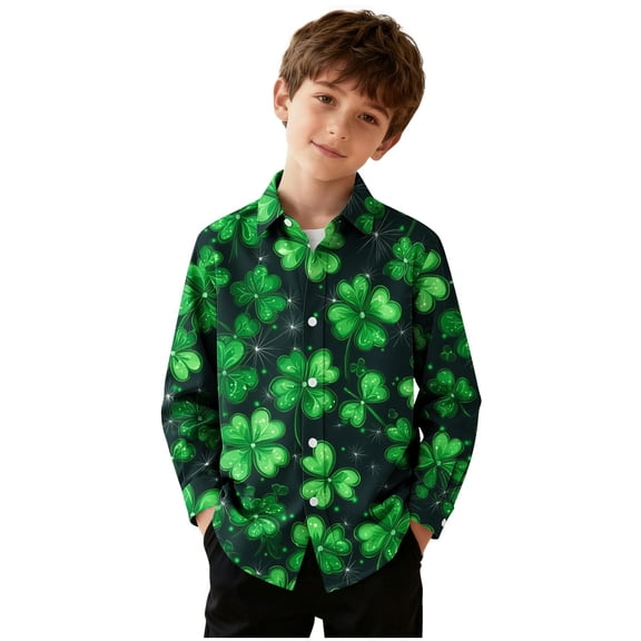 Riecok Boys St Patrick's Day Shirts Lapel Collared Graphic Print Button up Blouse Long Sleeve Holiday Dressy Tops