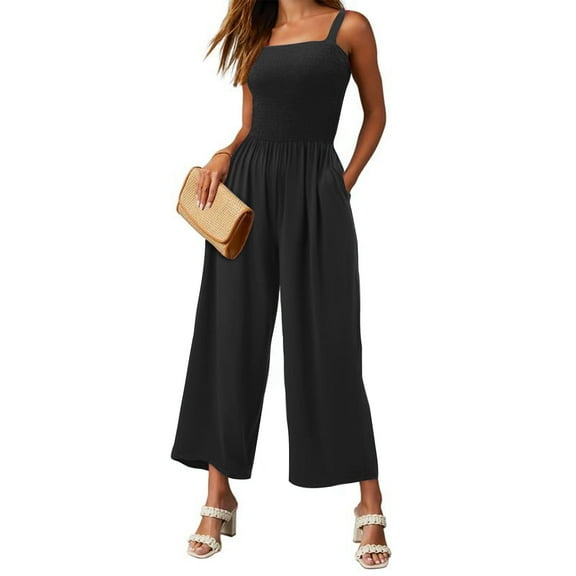Sakmal Solid Jumpsuits for Women Casual Pleated Spaghetti Straps Wide Leg Dressy Overalls Full Square Neck Sleeveless Black Pants for Women