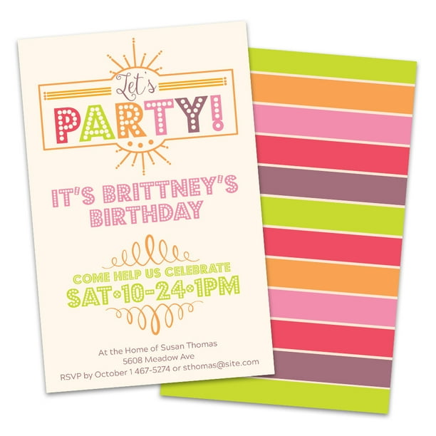 Personalized Bright Stripes Let's Party Adult Birthday Party Invitation
