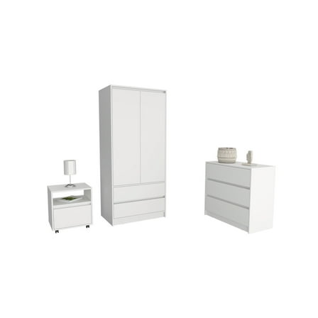 Beloit 3 Piece Bedroom Set, Nightstand & Maldus Dresser & Closher Armoire, White