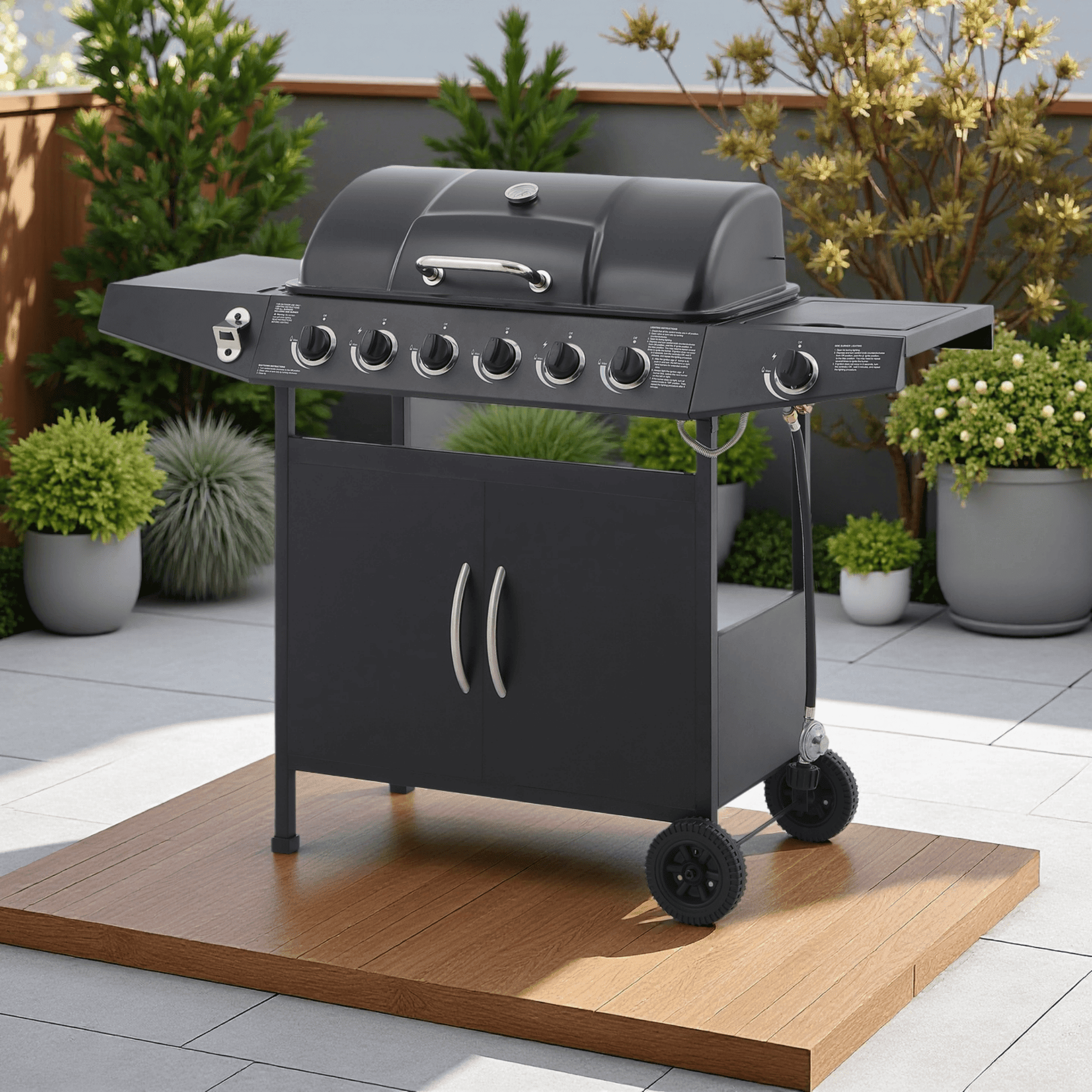 6 Burner BBQ Propane Gas Grill with Side Burner, 59000 BTU Stainless Steel Outdoor Grill, 576 sq in Cooking Area with Enamel Grates & Side Tables, Black