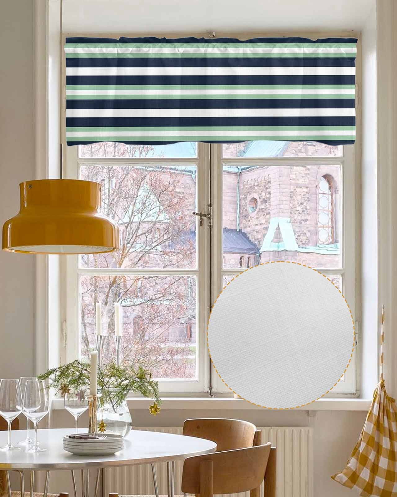 Green Navy Blue Striped Kitchen Valances for Windows Farmhouse Linen Window Valance Curtain for Living Room Window Treatment Chic Abstract Lines Geometric Valance Rod Pocket Topper, 42 x 18 Inch