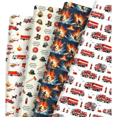 Fire Truck Wrapping Paper - 12 Sheets Firefighter Gift Wrapping Paper Fire Truck Birthday Decorations for Kids Boys Birthday, Baby Shower, Fireman Themed Party Supplies - 20x28 Inch