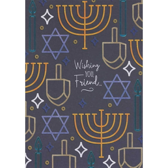 Designer Greetings Outlined Blue Foil Candles, Menorahs, Dreidels and Star of Davids on Brown Hanukkah Card for Friend
