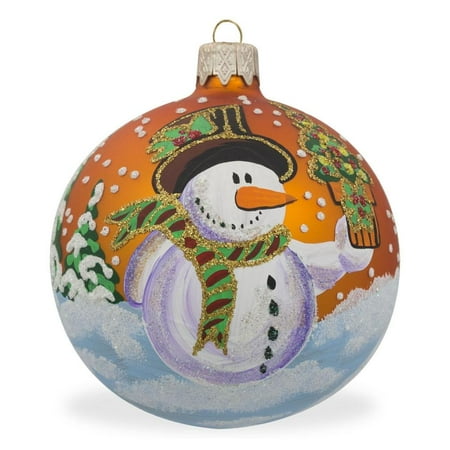 Snowman Glass Ball - Snowman with Gift Glass Ball Christmas Ornament 3.25 Inches