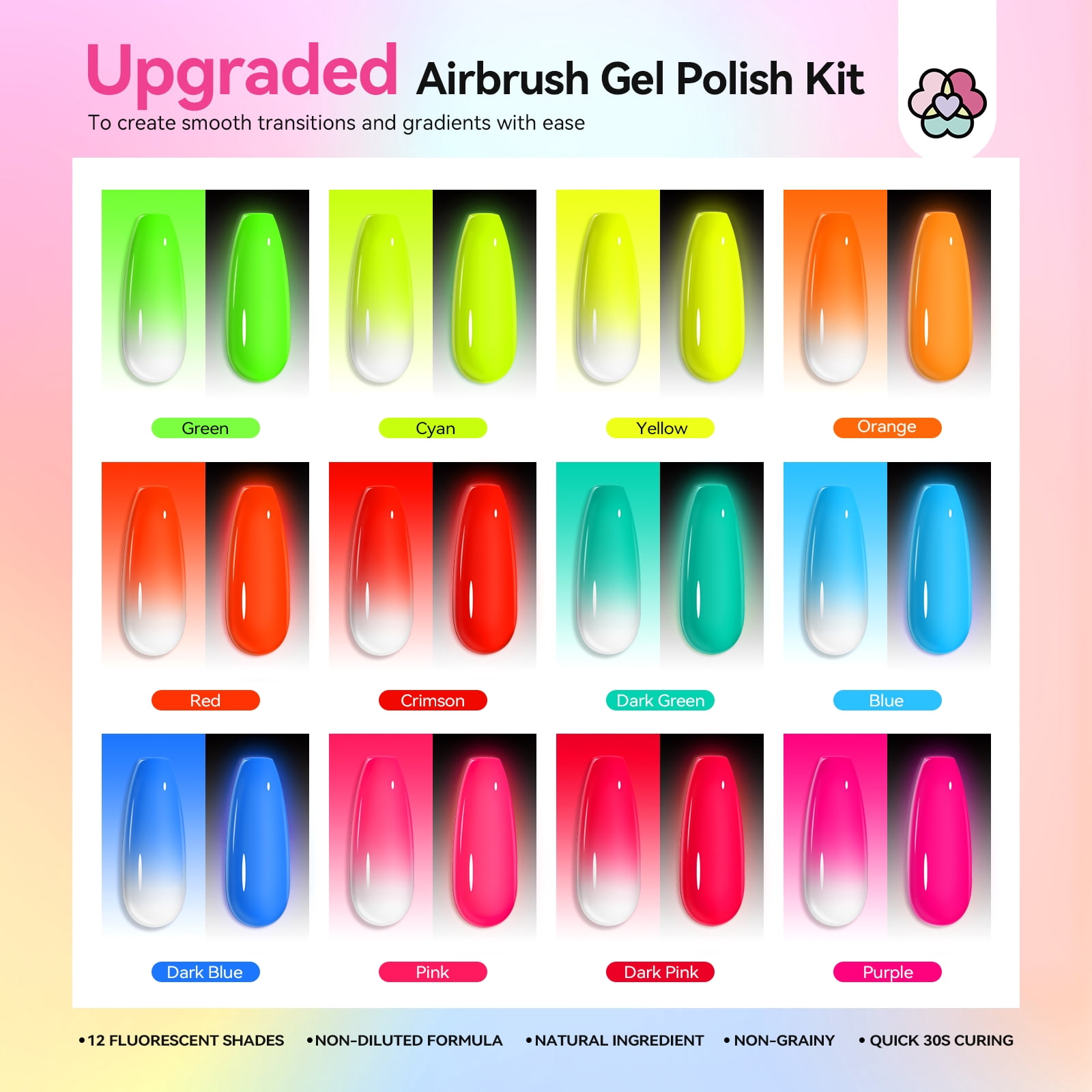 SAVILAND Airbrush Gel Nail Polish: No Dilution Fluorescent Airbrush Nail Polish Shine All Night Long, 12 Colors Glows in The Dark for Nails French Manicure DIY Nail Salon, Gifts & Party & Bar Social