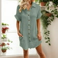 thumbnail image 2 of Dresses For Women 2025 Elegant Classy, Linen Shirt Dress Casual Cotton Lapel Collar Button Midi Dress With Short Sleeves Loose Wedding Guest Great Gatsby Dresses Short Dresses (S, Dark Green) ZMTing, 2 of 5