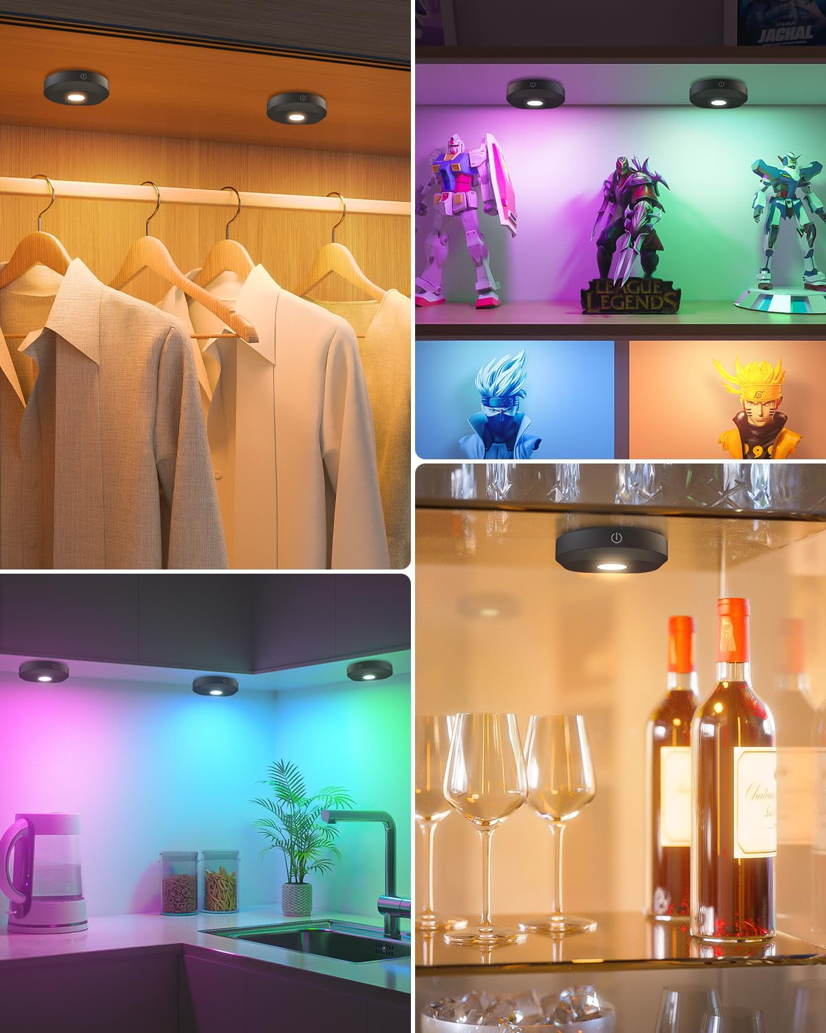 WILLED 6 Pack Rechargeable RGB Puck Lights with Remote Control, Wireless LED Tap Lights, Dimmable, 9 Colors, Timer Function, Under Cabinet Lighting for Kitchen, Closet, Counter, Shelf