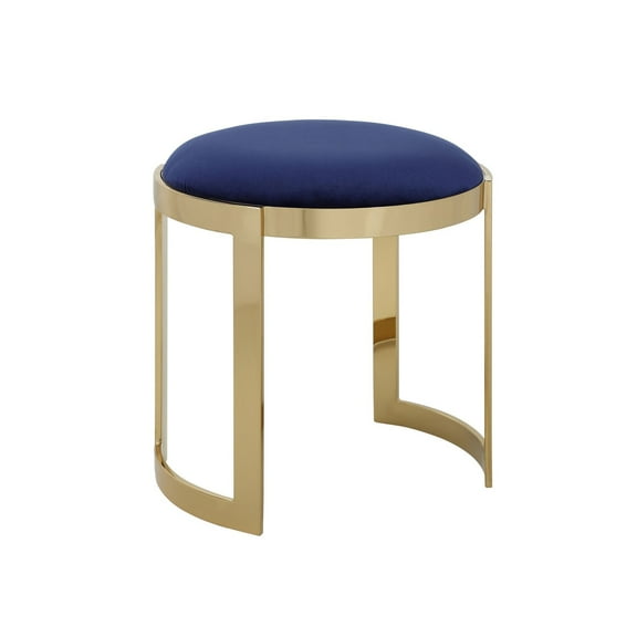 Benjara Niyo 19" Ottoman Stool- Round Navy Blue Velvet- Gold Stainless Steel