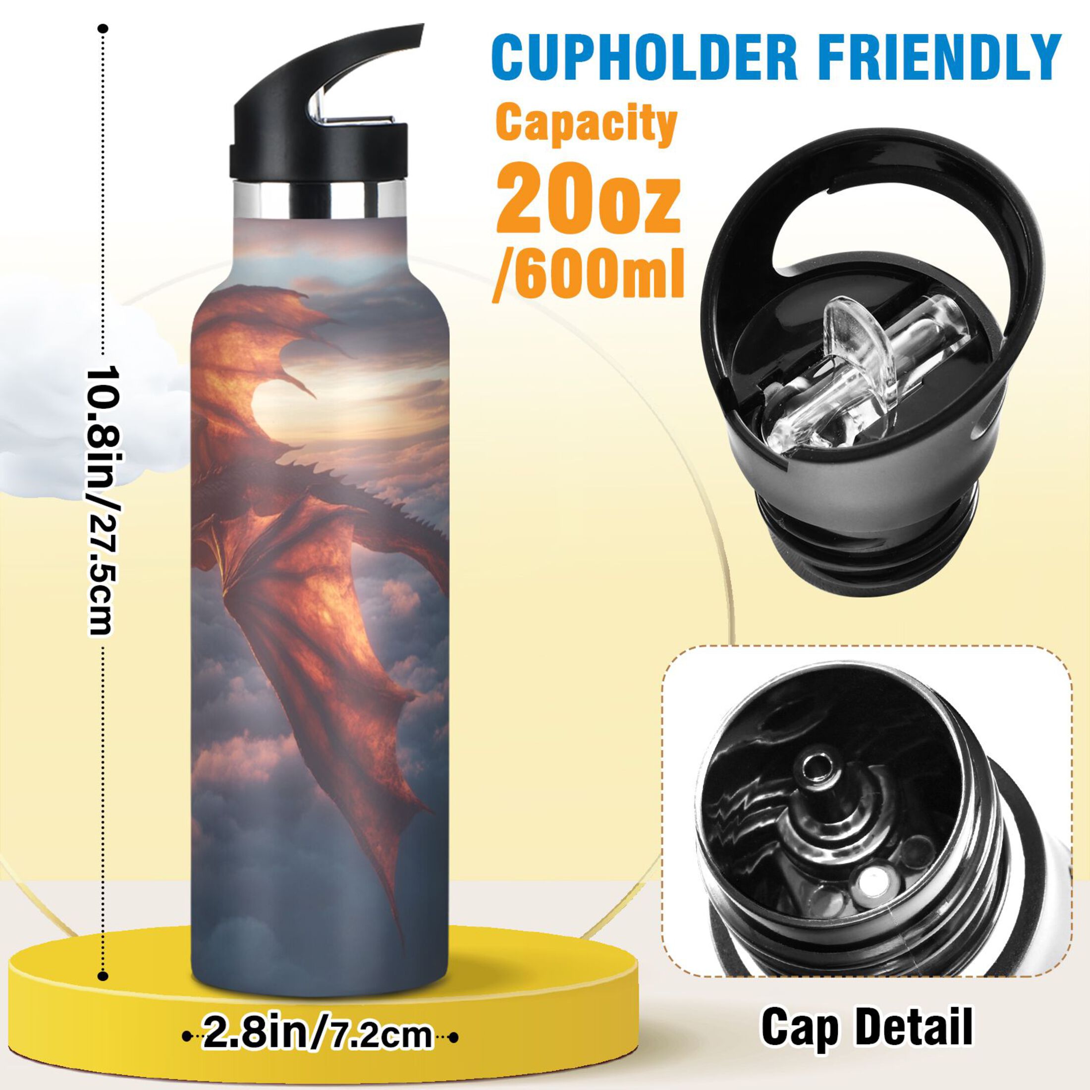 600ML Stainless Steel Insulated Cup Sports Water Bottle Portable Thermos Cup Water Glasses Insulated Tumblers Convenient and Durable Flying Dragon in The Sky