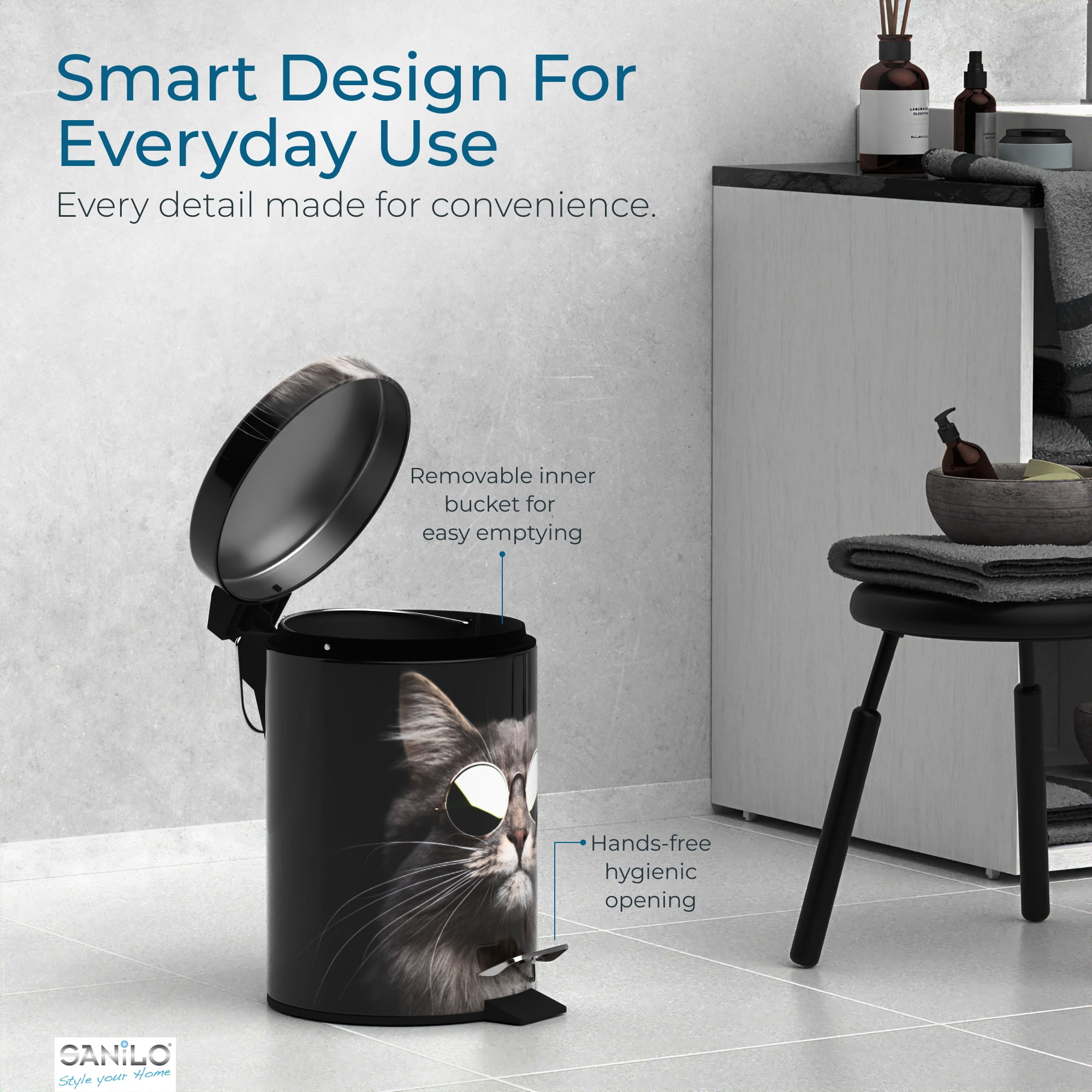 Sanilo Trash Can 1.3 Gallon with Soft Close, Many New Cosmetic and Kitchen Waste Bins Available, Bathroom Bin with Inner Bucket (Cool Cat)