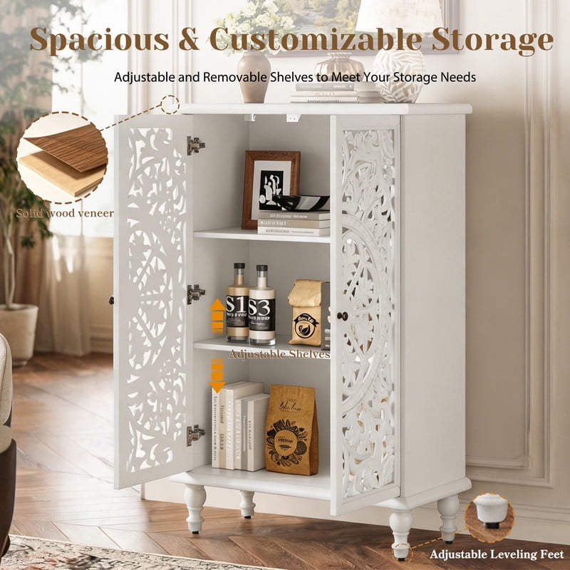 Freestanding Accent Storage Cabinet with Hollowed Out Carved Double Door, Farmhouse Display Buffet Chest with Adjustable Shelf